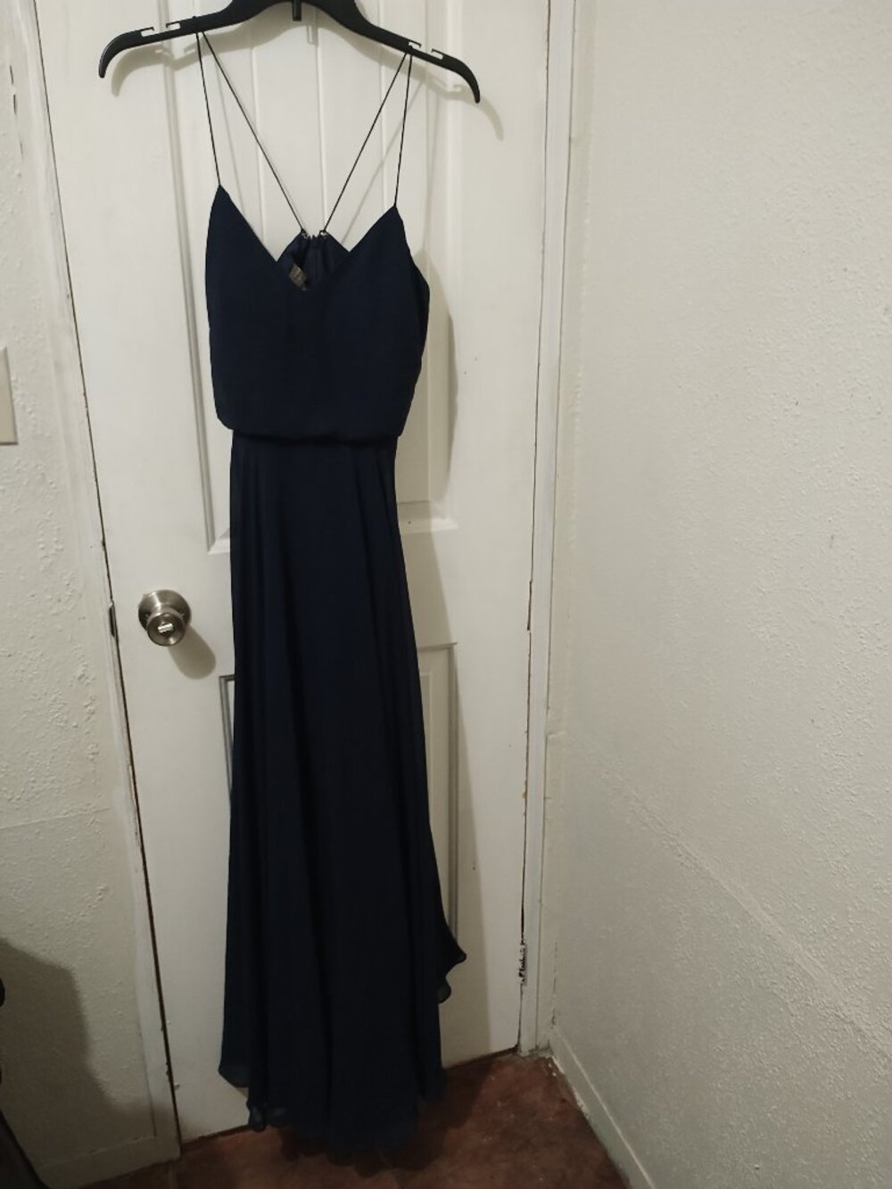 Jenny Yoo Collection Navy Maxi Gown Strappy Back Side Slit Size 2 Formal Wedding